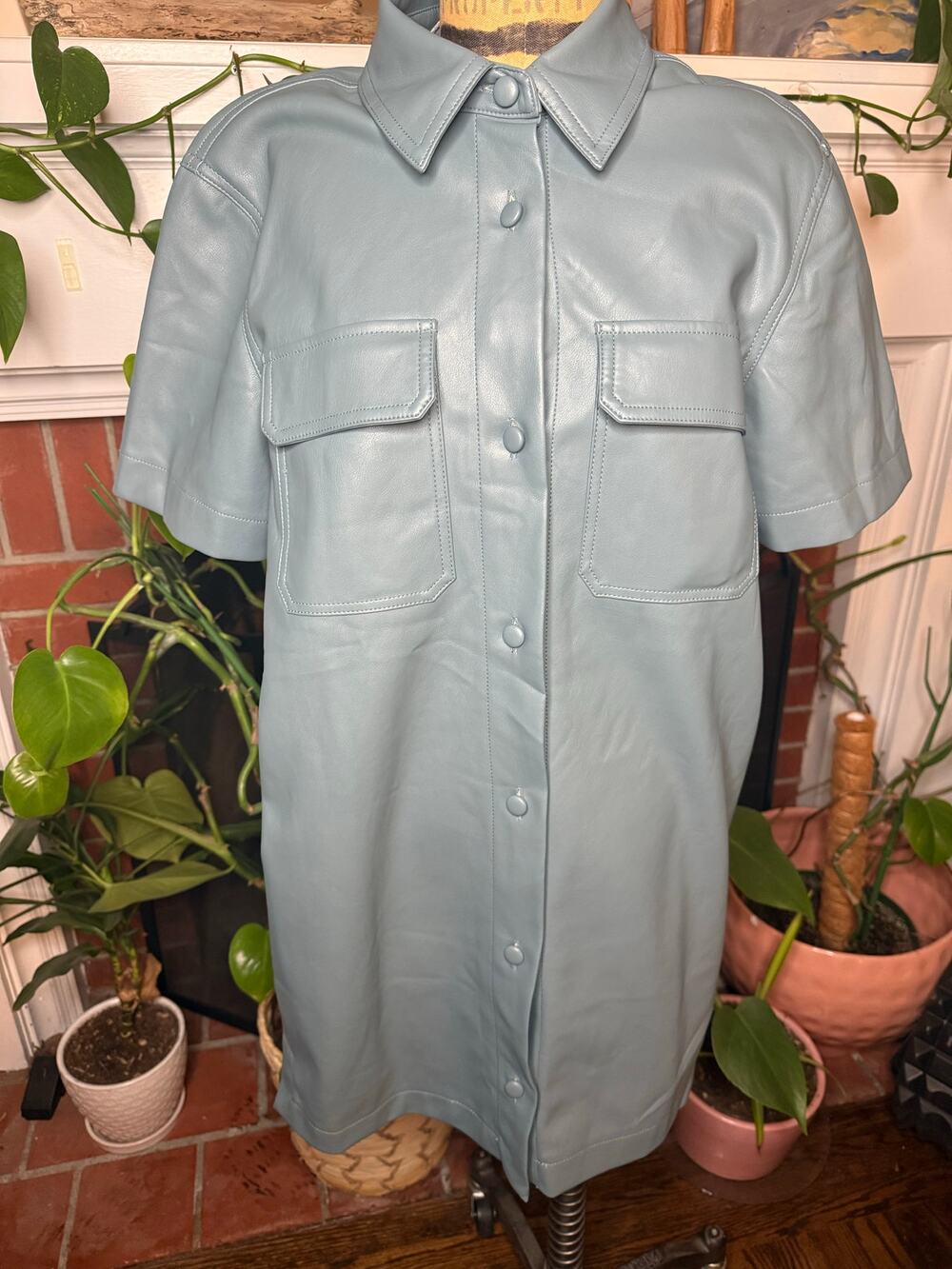 7 For All Mankind Faux Leather Mini Shirt Dress Baby Blue Size M Short Sleeve
